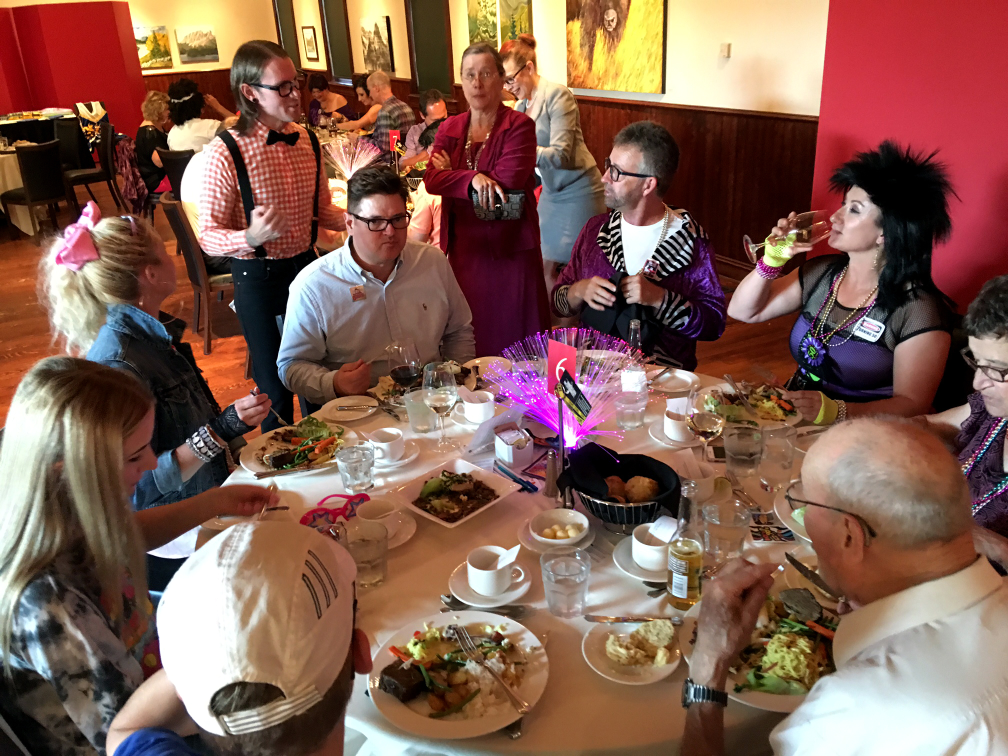 High School Reunion Characters at the table dropping clues